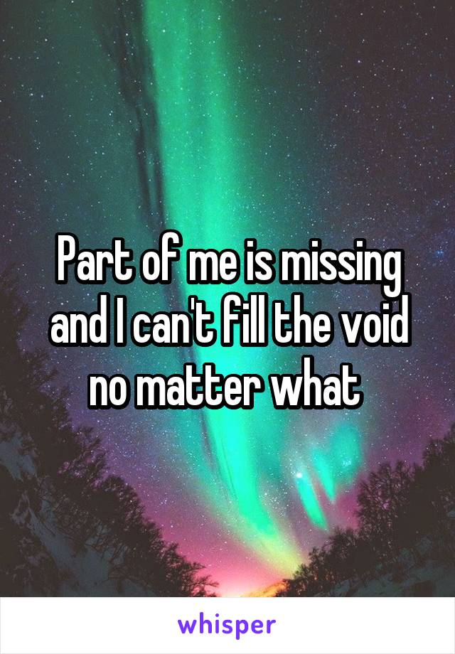 Part of me is missing and I can't fill the void no matter what 