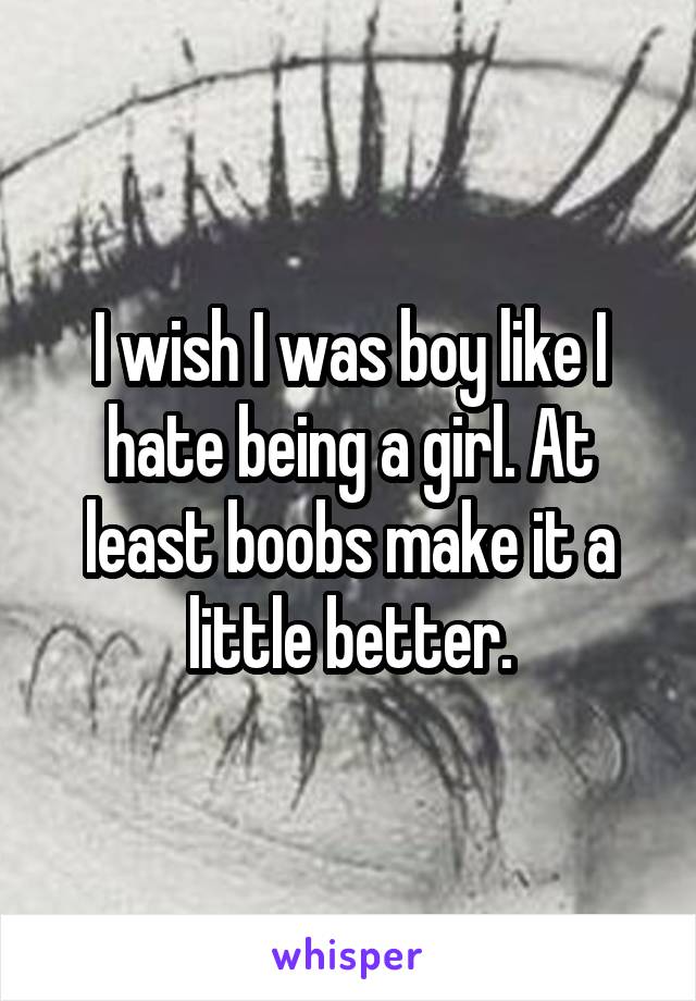 I wish I was boy like I hate being a girl. At least boobs make it a little better.