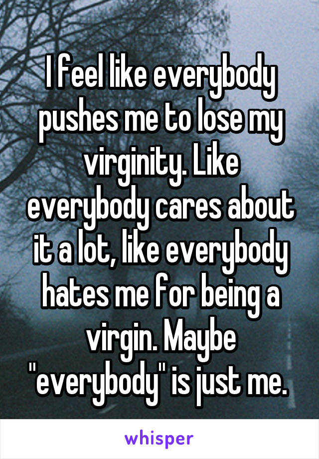 I feel like everybody pushes me to lose my virginity. Like everybody cares about it a lot, like everybody hates me for being a virgin. Maybe "everybody" is just me. 