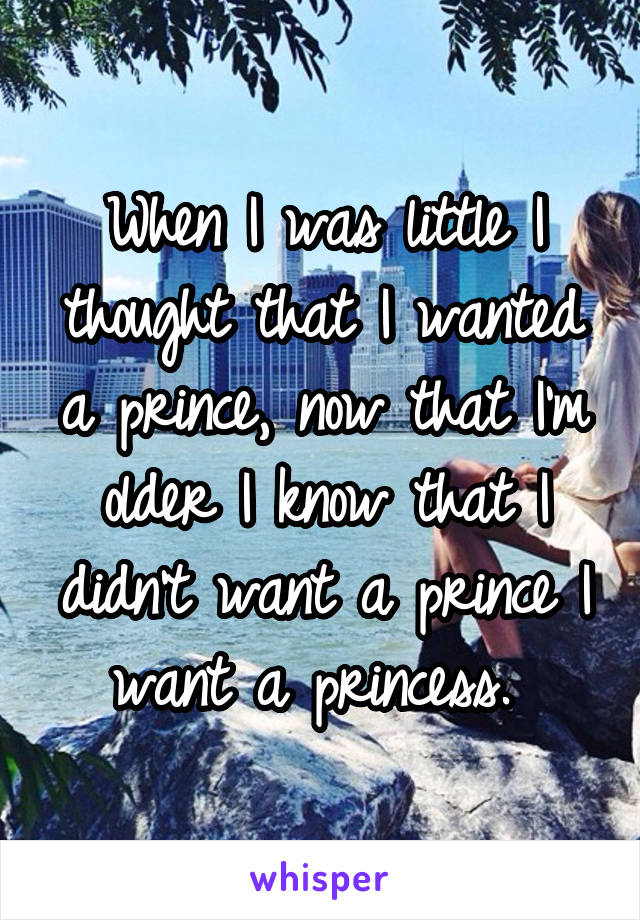 When I was little I thought that I wanted a prince, now that I'm older I know that I didn't want a prince I want a princess. 