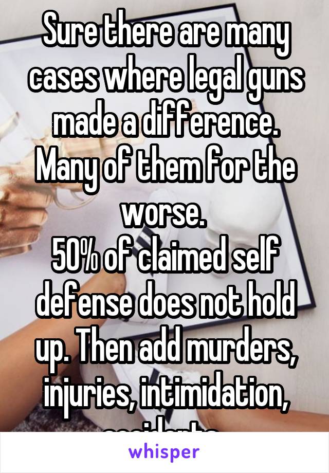 Sure there are many cases where legal guns made a difference. Many of them for the worse. 
50% of claimed self defense does not hold up. Then add murders, injuries, intimidation, accidents. 