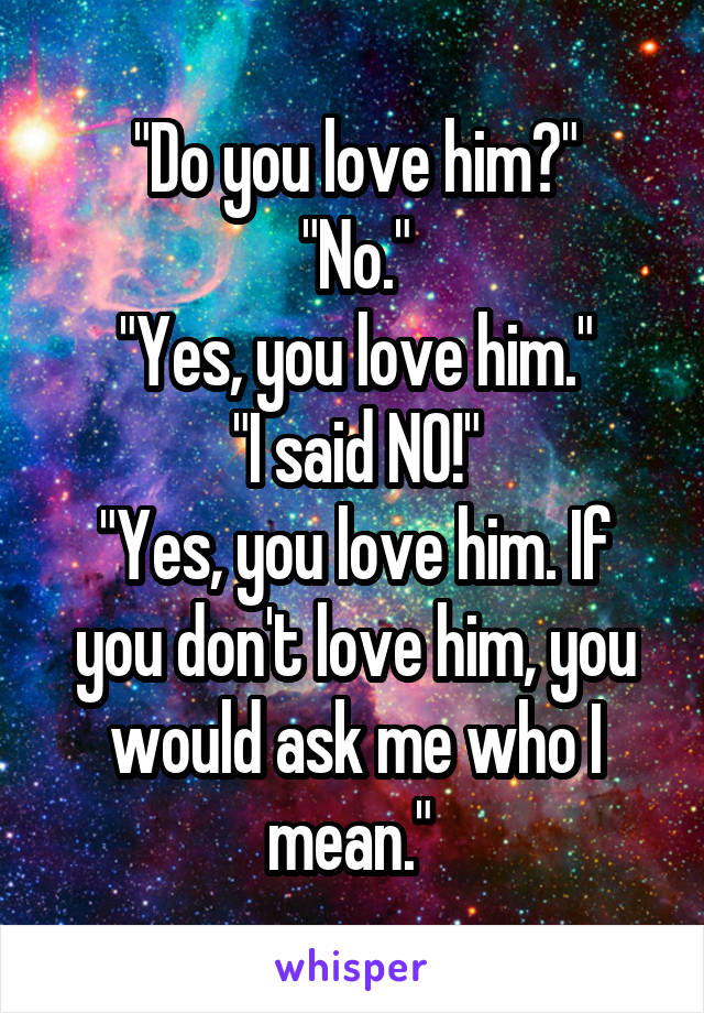 "Do you love him?"
"No."
"Yes, you love him."
"I said NO!"
"Yes, you love him. If you don't love him, you would ask me who I mean." 