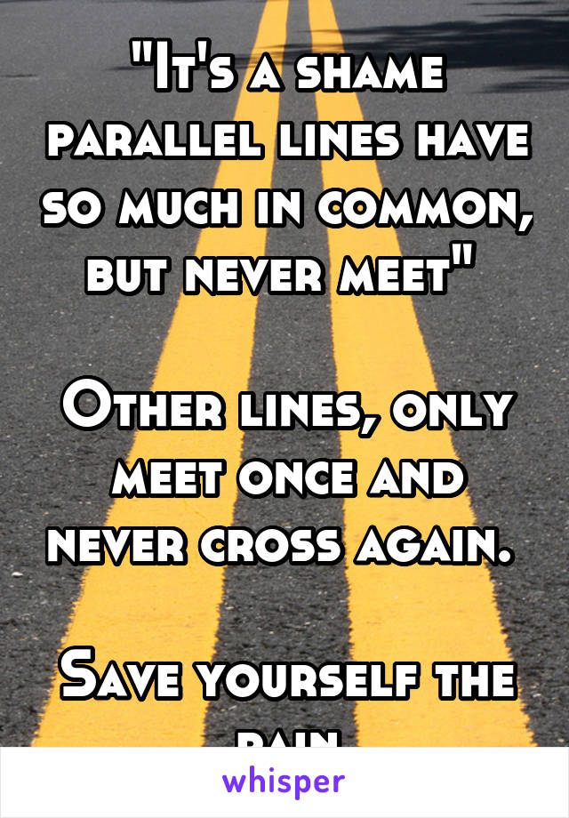 "It's a shame parallel lines have so much in common, but never meet" 

Other lines, only meet once and never cross again. 

Save yourself the pain