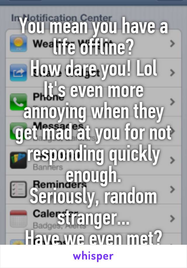 You mean you have a life offline?
How dare you! Lol
It's even more annoying when they get mad at you for not responding quickly enough.
Seriously, random stranger...
Have we even met?