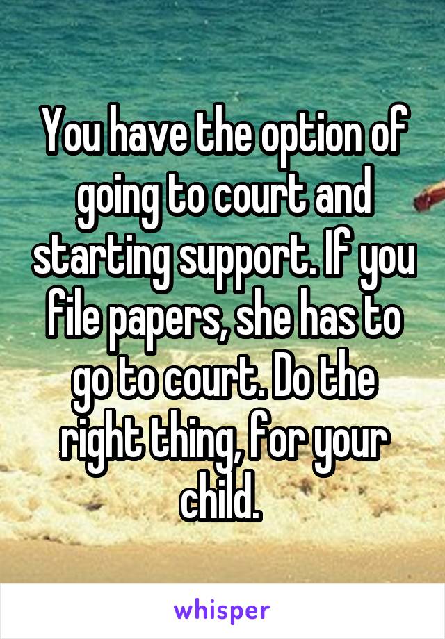 You have the option of going to court and starting support. If you file papers, she has to go to court. Do the right thing, for your child. 