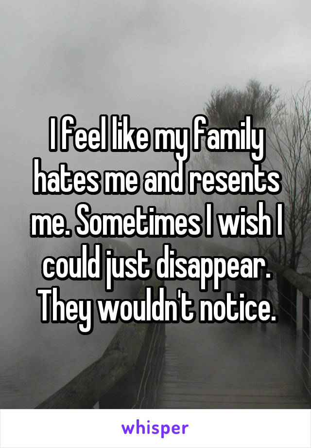 I feel like my family hates me and resents me. Sometimes I wish I could just disappear. They wouldn't notice.