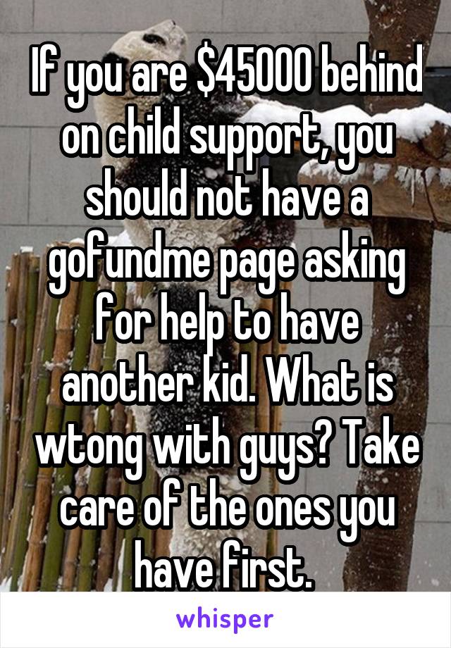 If you are $45000 behind on child support, you should not have a gofundme page asking for help to have another kid. What is wtong with guys? Take care of the ones you have first. 