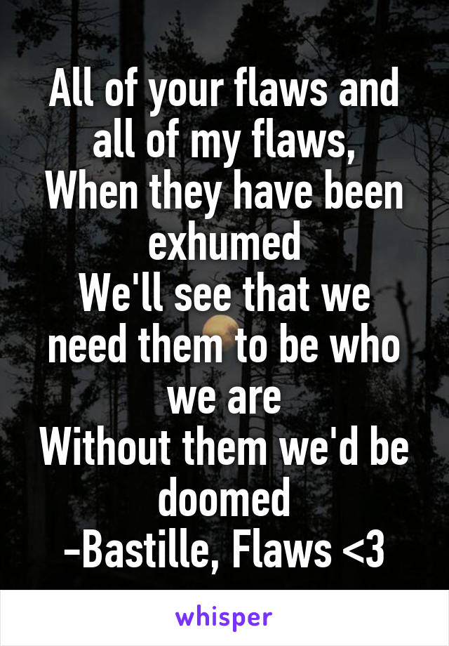 All of your flaws and all of my flaws,
When they have been exhumed
We'll see that we need them to be who we are
Without them we'd be doomed
-Bastille, Flaws <3