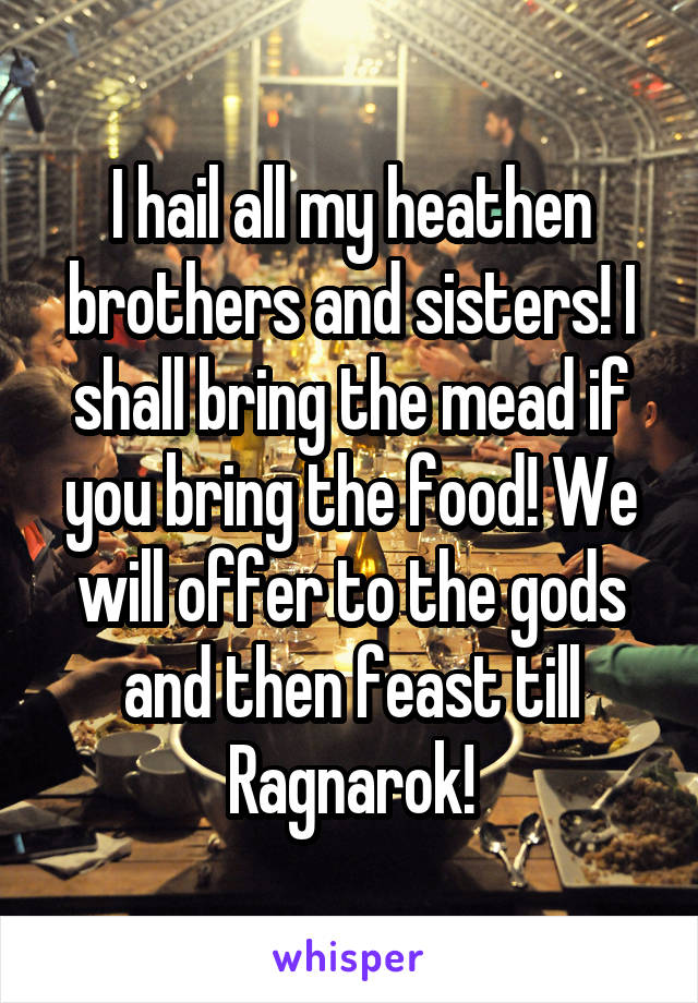 I hail all my heathen brothers and sisters! I shall bring the mead if you bring the food! We will offer to the gods and then feast till Ragnarok!