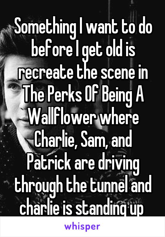 Something I want to do before I get old is recreate the scene in The Perks Of Being A Wallflower where Charlie, Sam, and Patrick are driving through the tunnel and charlie is standing up 