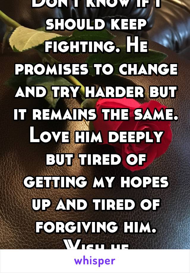 Don't know if I should keep fighting. He promises to change and try harder but it remains the same. Love him deeply but tired of getting my hopes up and tired of forgiving him. Wish he understood.