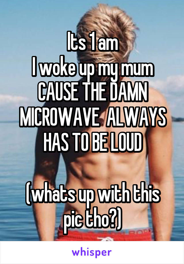 Its 1 am
I woke up my mum
CAUSE THE DAMN MICROWAVE  ALWAYS HAS TO BE LOUD

(whats up with this pic tho?)