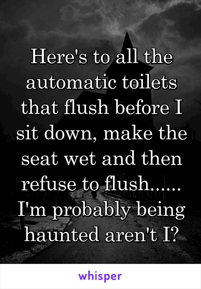 Here's to all the automatic toilets that flush before I sit down, make the seat wet and then refuse to flush...... I'm probably being haunted aren't I?