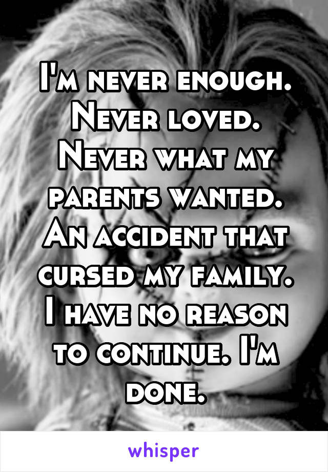 I'm never enough. Never loved.
Never what my parents wanted.
An accident that cursed my family.
I have no reason to continue. I'm done.