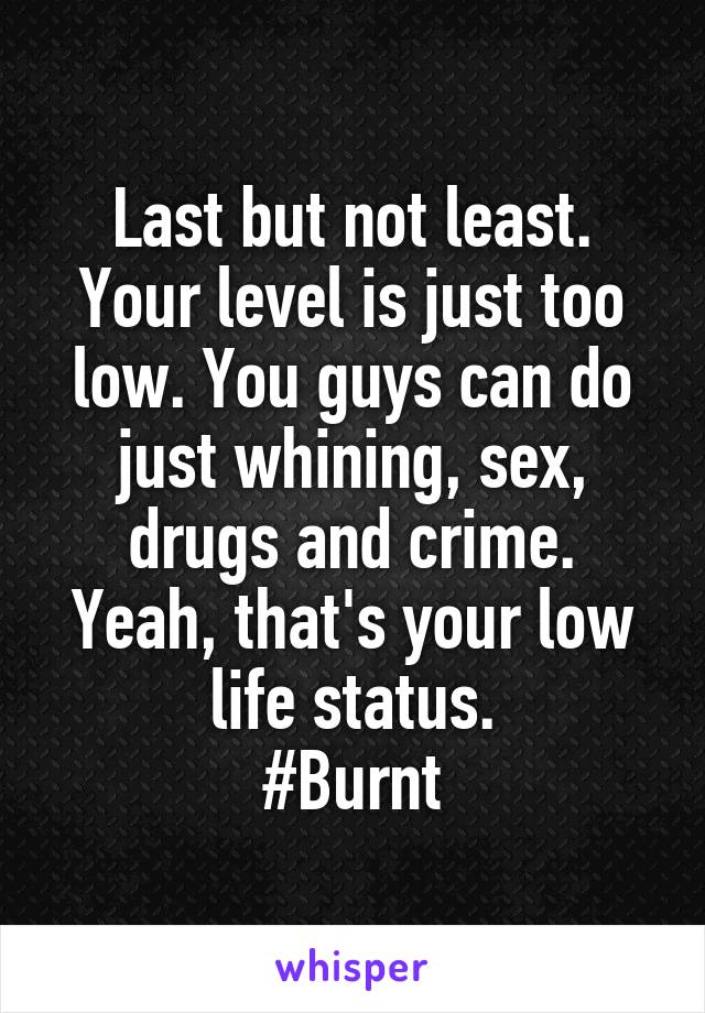 Last but not least.
Your level is just too low. You guys can do just whining, sex, drugs and crime.
Yeah, that's your low life status.
#Burnt