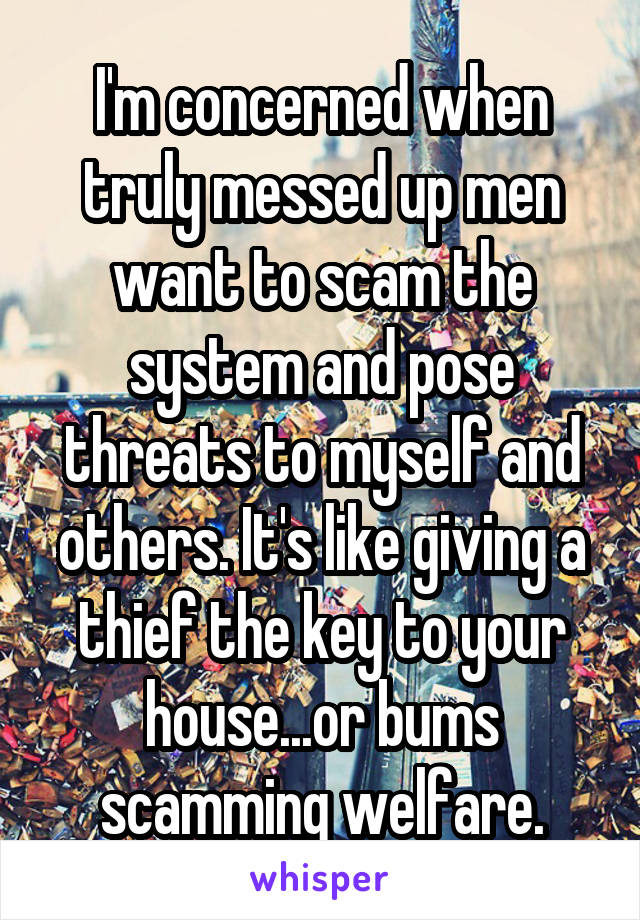 I'm concerned when truly messed up men want to scam the system and pose threats to myself and others. It's like giving a thief the key to your house...or bums scamming welfare.