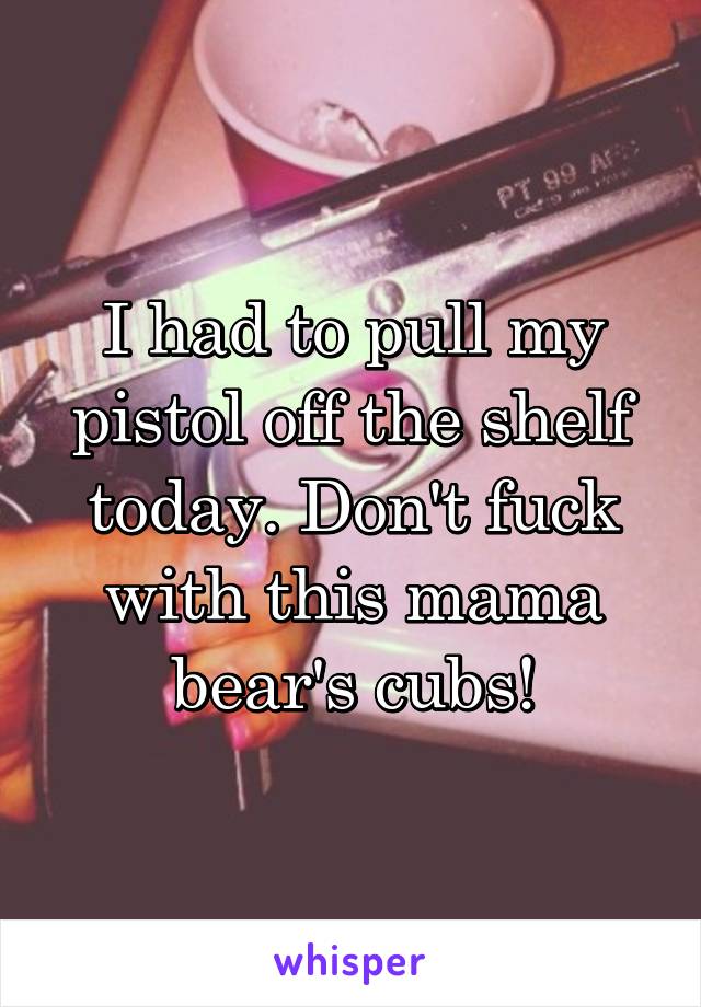 I had to pull my pistol off the shelf today. Don't fuck with this mama bear's cubs!