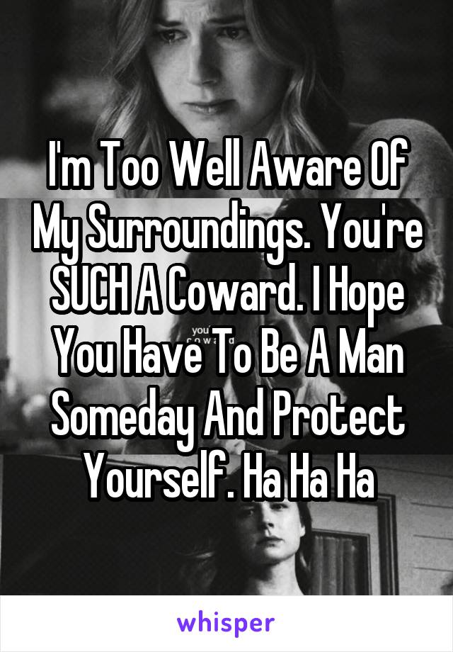 I'm Too Well Aware Of My Surroundings. You're SUCH A Coward. I Hope You Have To Be A Man Someday And Protect Yourself. Ha Ha Ha