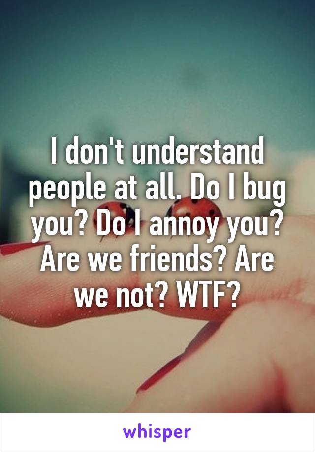 I don't understand people at all. Do I bug you? Do I annoy you? Are we friends? Are we not? WTF?