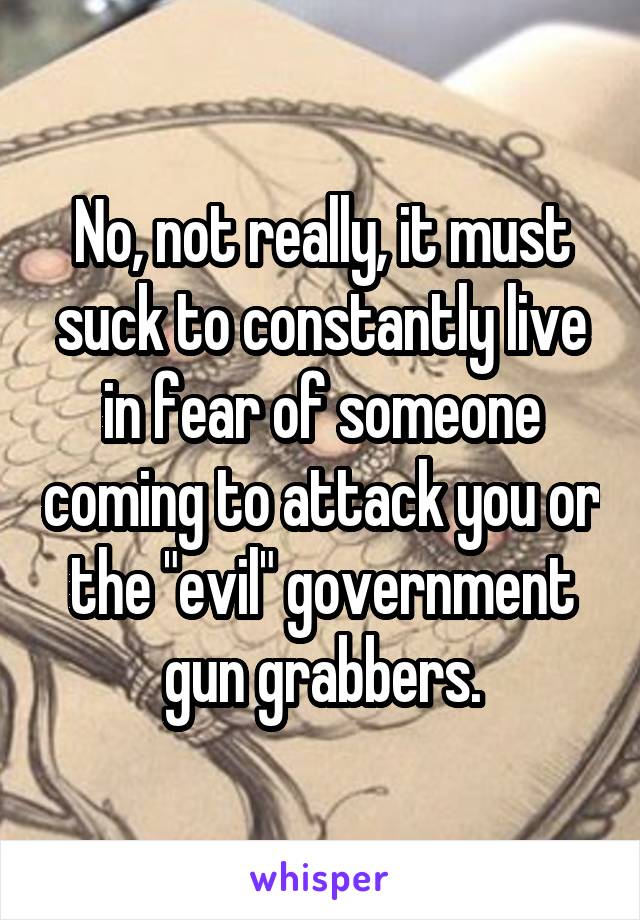 No, not really, it must suck to constantly live in fear of someone coming to attack you or the "evil" government gun grabbers.