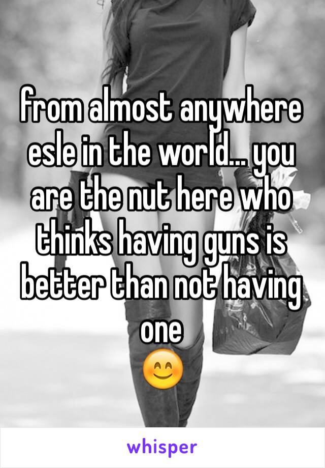 from almost anywhere esle in the world... you are the nut here who thinks having guns is better than not having one
😊