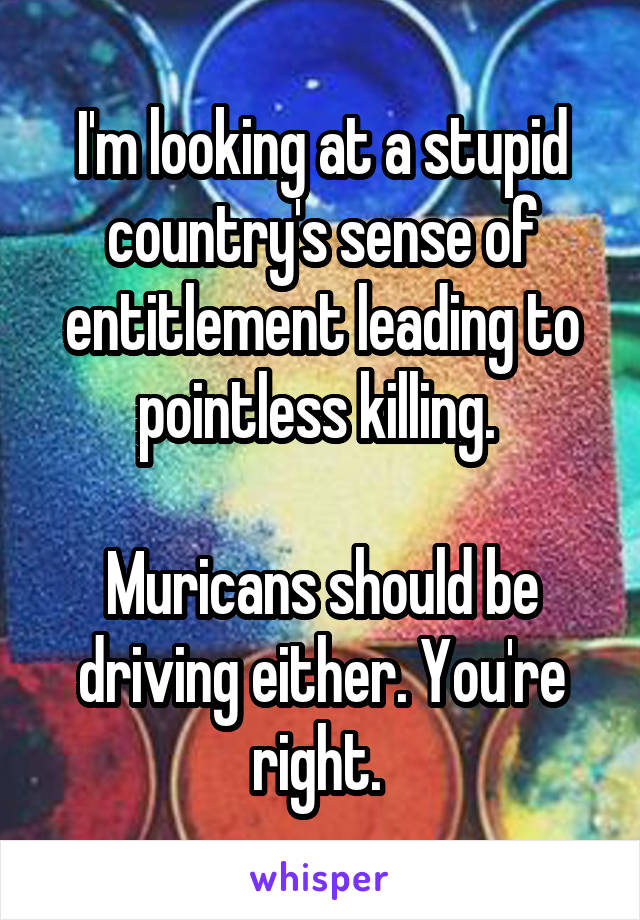 I'm looking at a stupid country's sense of entitlement leading to pointless killing. 

Muricans should be driving either. You're right. 