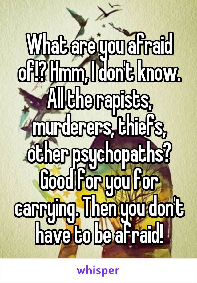 What are you afraid of!? Hmm, I don't know. All the rapists, murderers, thiefs, other psychopaths? Good for you for carrying. Then you don't have to be afraid!