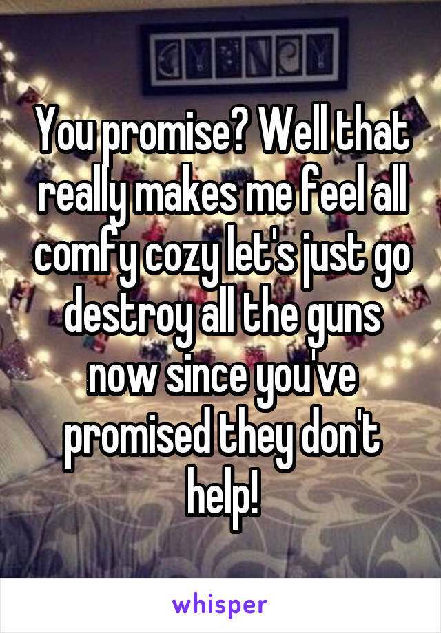 You promise? Well that really makes me feel all comfy cozy let's just go destroy all the guns now since you've promised they don't help!