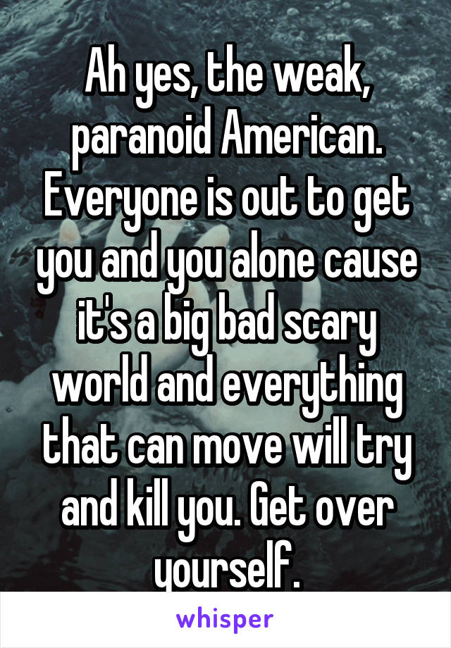 Ah yes, the weak, paranoid American. Everyone is out to get you and you alone cause it's a big bad scary world and everything that can move will try and kill you. Get over yourself.