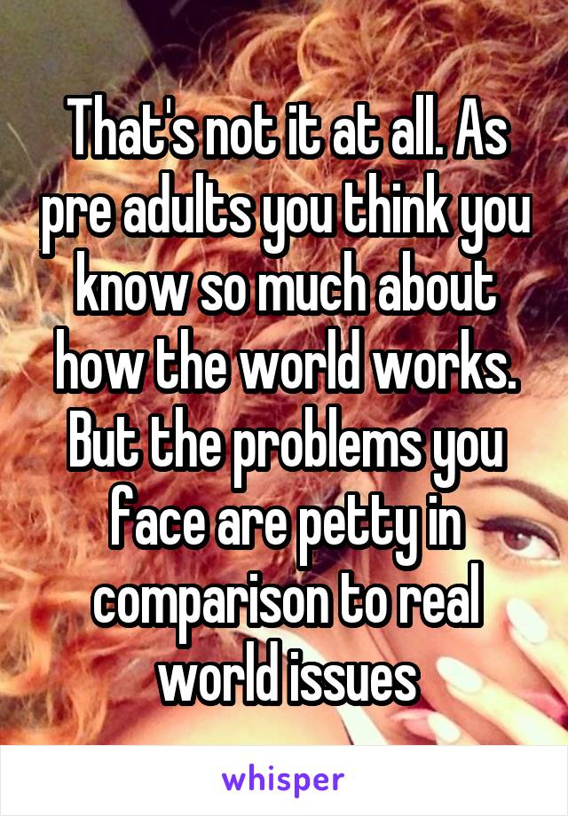 That's not it at all. As pre adults you think you know so much about how the world works. But the problems you face are petty in comparison to real world issues