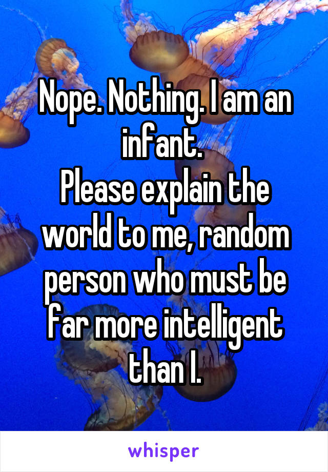 Nope. Nothing. I am an infant. 
Please explain the world to me, random person who must be far more intelligent than I.