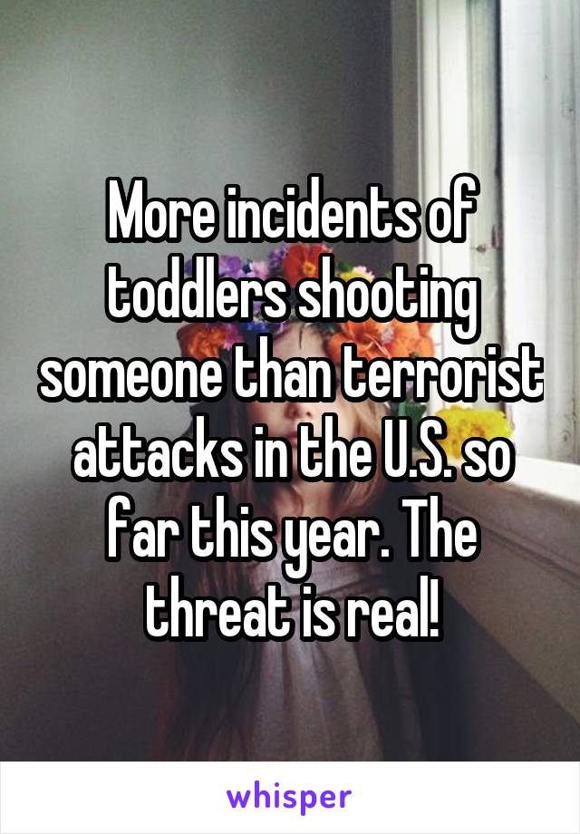 More incidents of toddlers shooting someone than terrorist attacks in the U.S. so far this year. The threat is real!