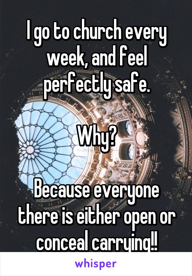 I go to church every week, and feel perfectly safe.

Why?

Because everyone there is either open or conceal carrying!!