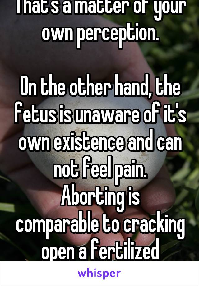 That's a matter of your own perception.

On the other hand, the fetus is unaware of it's own existence and can not feel pain.
Aborting is comparable to cracking open a fertilized chicken egg.