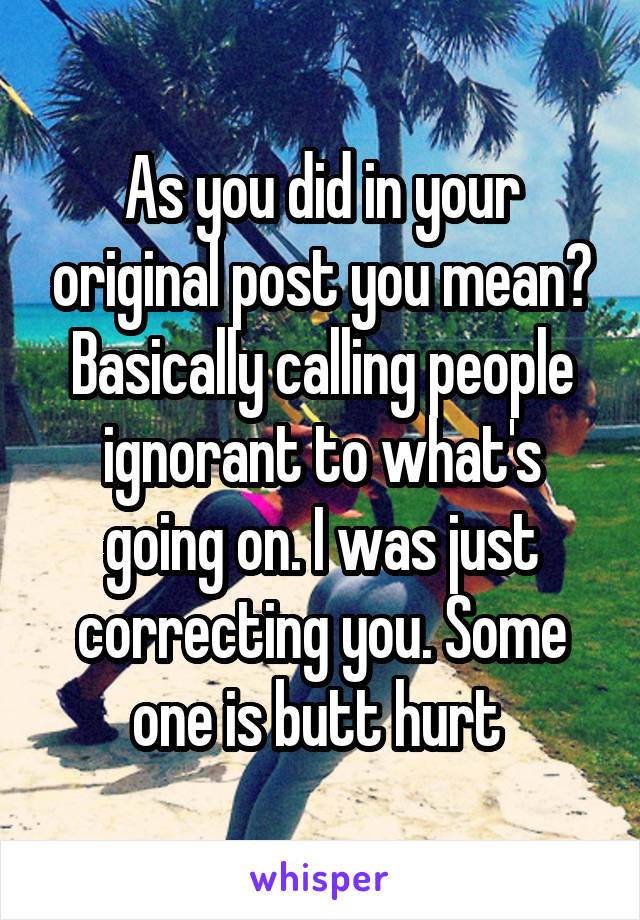 As you did in your original post you mean? Basically calling people ignorant to what's going on. I was just correcting you. Some one is butt hurt 