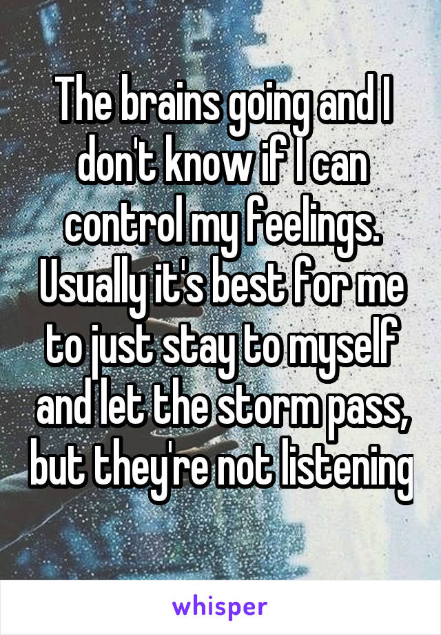 The brains going and I don't know if I can control my feelings. Usually it's best for me
to just stay to myself and let the storm pass, but they're not listening 