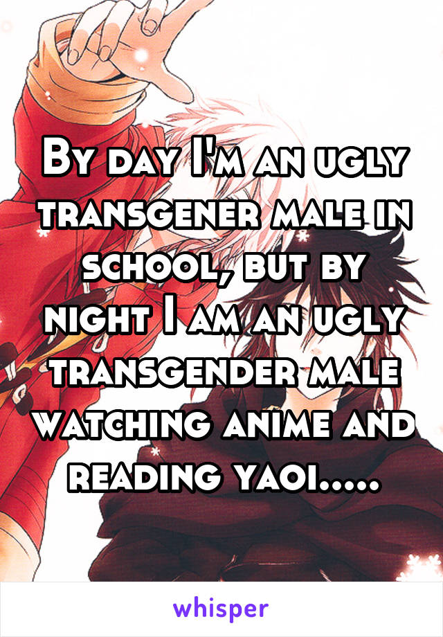 By day I'm an ugly transgener male in school, but by night I am an ugly transgender male watching anime and reading yaoi.....