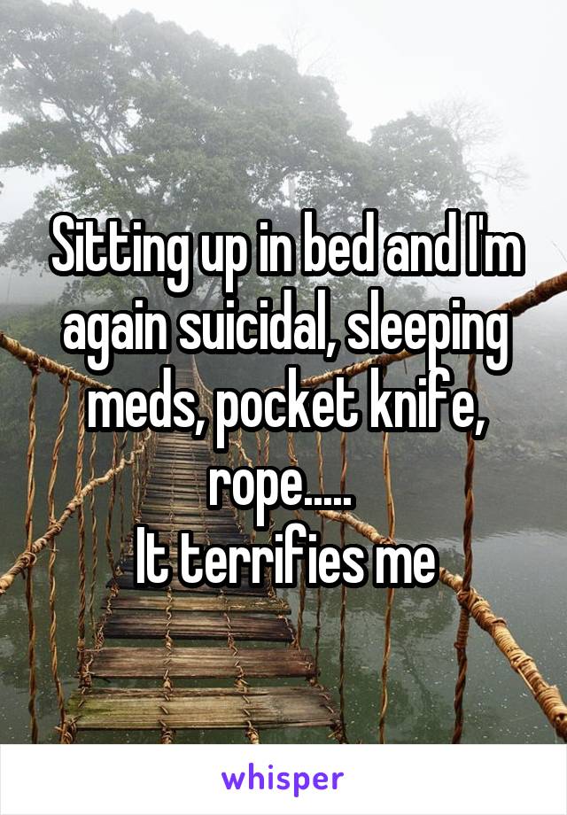 Sitting up in bed and I'm again suicidal, sleeping meds, pocket knife, rope..... 
It terrifies me