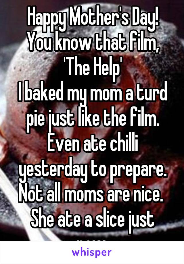 Happy Mother's Day!
You know that film, 'The Help'
I baked my mom a turd pie just like the film. Even ate chilli yesterday to prepare.
Not all moms are nice. 
She ate a slice just now.