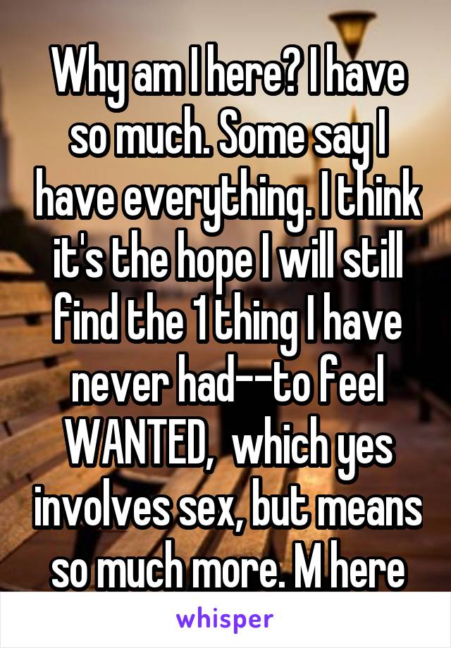 Why am I here? I have so much. Some say I have everything. I think it's the hope I will still find the 1 thing I have never had--to feel WANTED,  which yes involves sex, but means so much more. M here