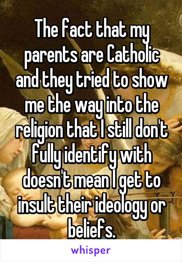 The fact that my parents are Catholic and they tried to show me the way into the religion that I still don't fully identify with doesn't mean I get to insult their ideology or beliefs.