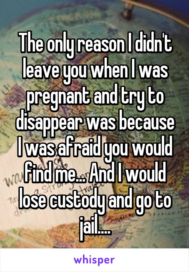 The only reason I didn't leave you when I was pregnant and try to disappear was because I was afraid you would find me... And I would lose custody and go to jail....