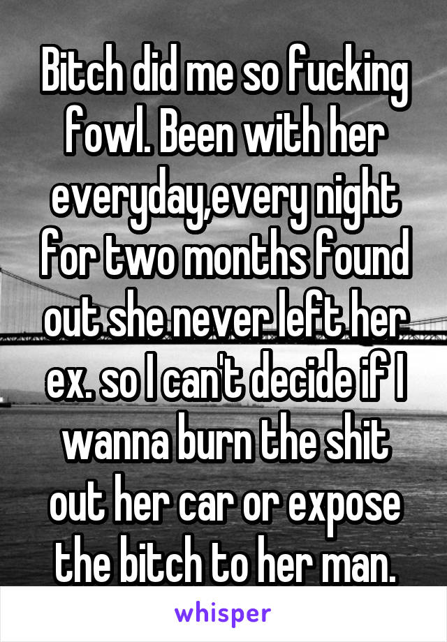 Bitch did me so fucking fowl. Been with her everyday,every night for two months found out she never left her ex. so I can't decide if I wanna burn the shit out her car or expose the bitch to her man.