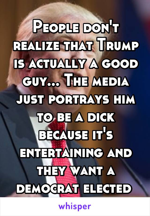 People don't realize that Trump is actually a good guy... The media just portrays him to be a dick because it's entertaining and they want a democrat elected 