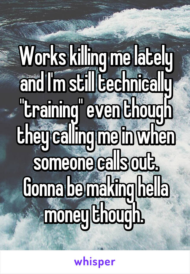 Works killing me lately and I'm still technically "training" even though they calling me in when someone calls out. Gonna be making hella money though. 