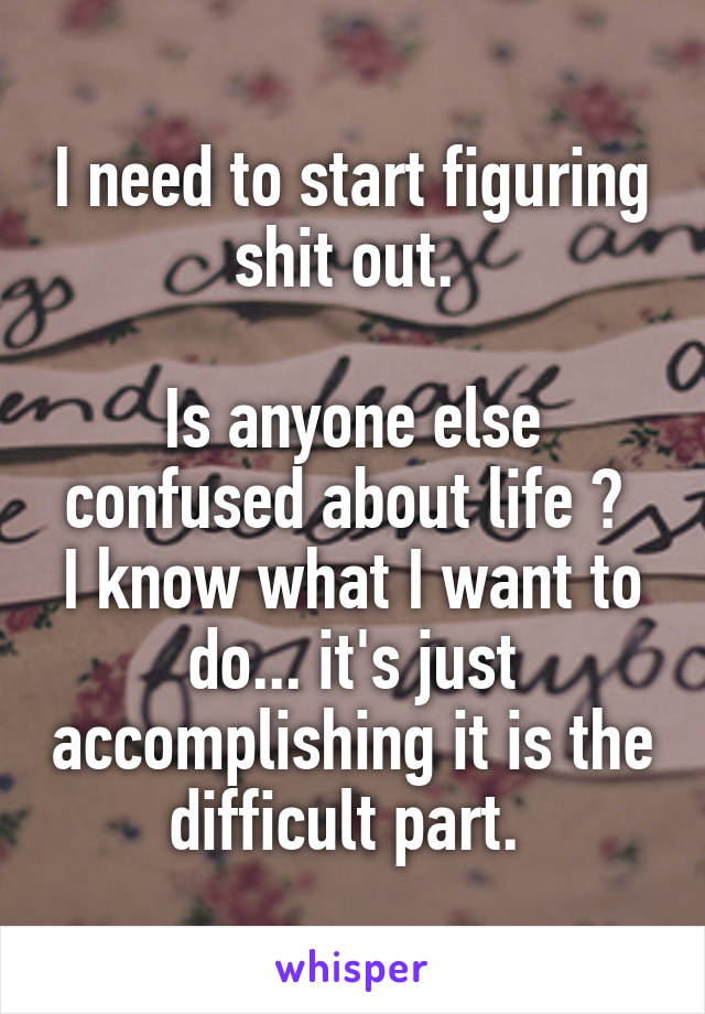 I need to start figuring shit out. 

Is anyone else confused about life ? 
I know what I want to do... it's just accomplishing it is the difficult part. 