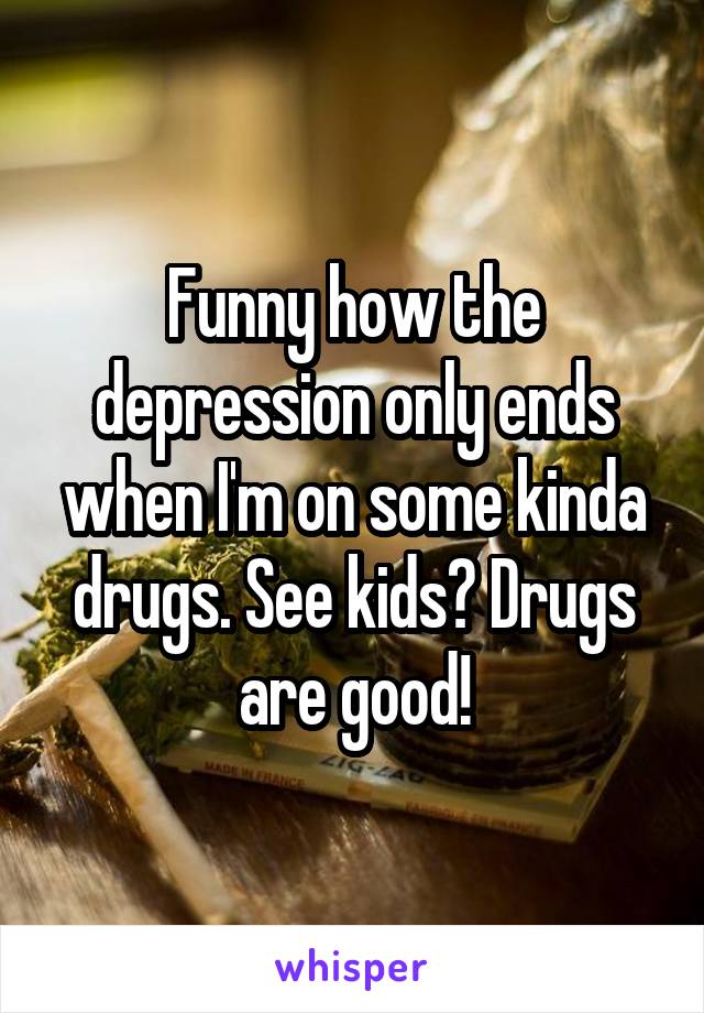 Funny how the depression only ends when I'm on some kinda drugs. See kids? Drugs are good!