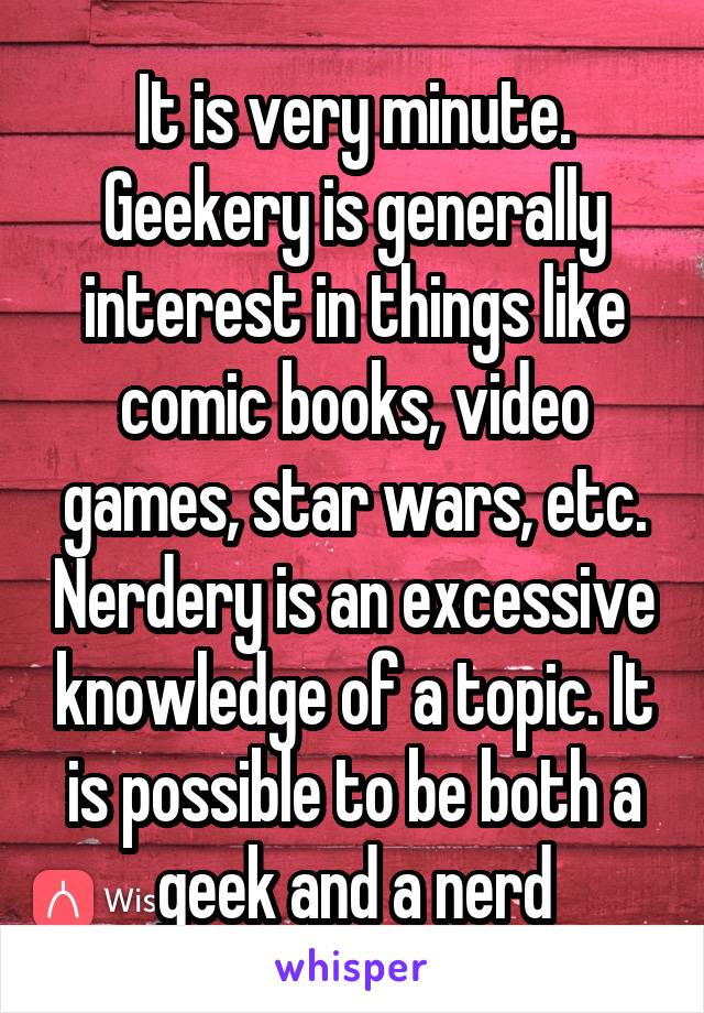 It is very minute. Geekery is generally interest in things like comic books, video games, star wars, etc. Nerdery is an excessive knowledge of a topic. It is possible to be both a geek and a nerd