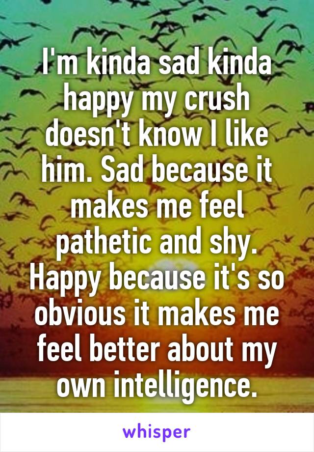 I'm kinda sad kinda happy my crush doesn't know I like him. Sad because it makes me feel pathetic and shy. Happy because it's so obvious it makes me feel better about my own intelligence.