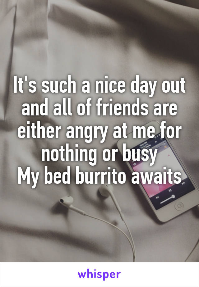 It's such a nice day out and all of friends are either angry at me for nothing or busy
My bed burrito awaits
